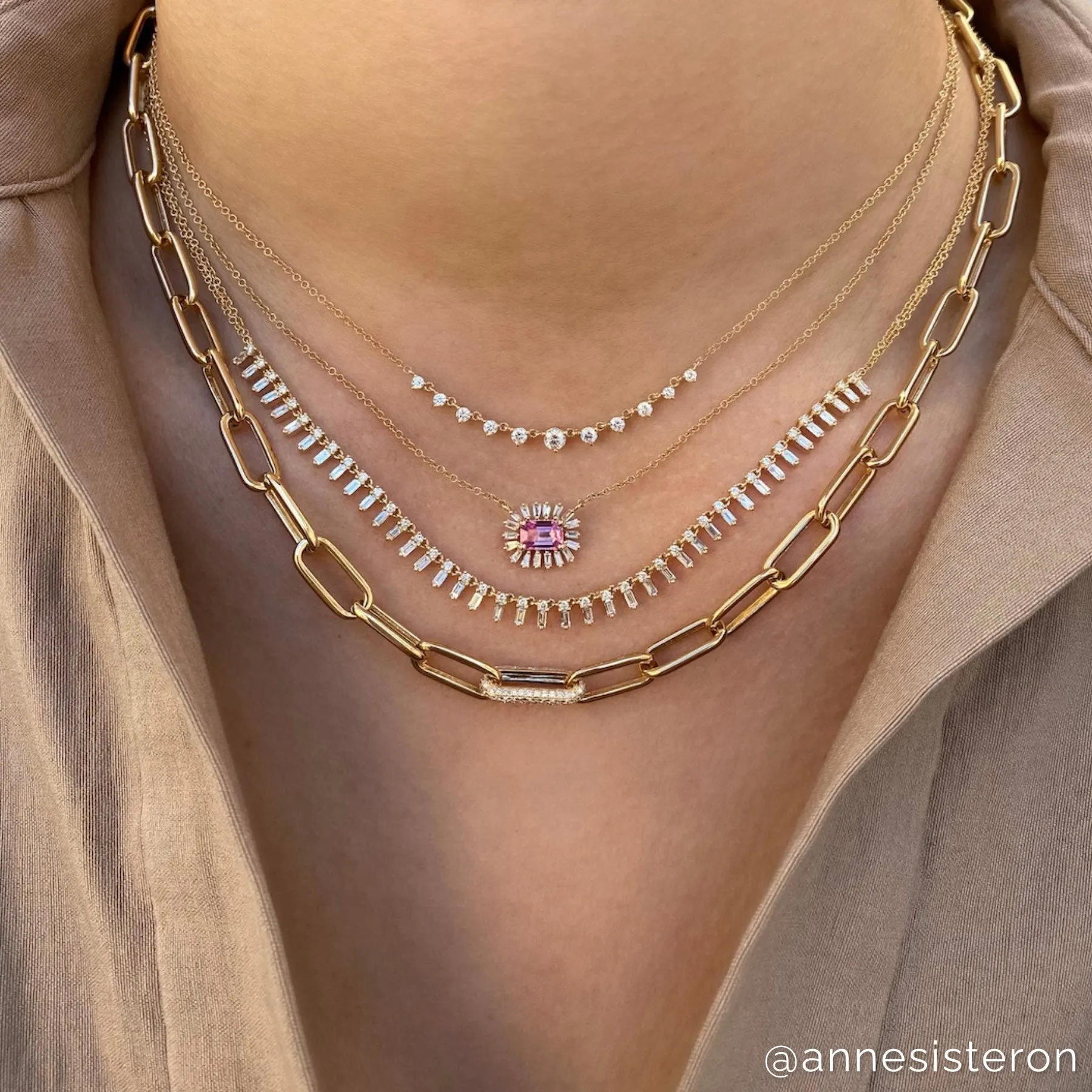 14KT Yellow Gold Pink Sapphire Baguette Diamond Audelia Necklace