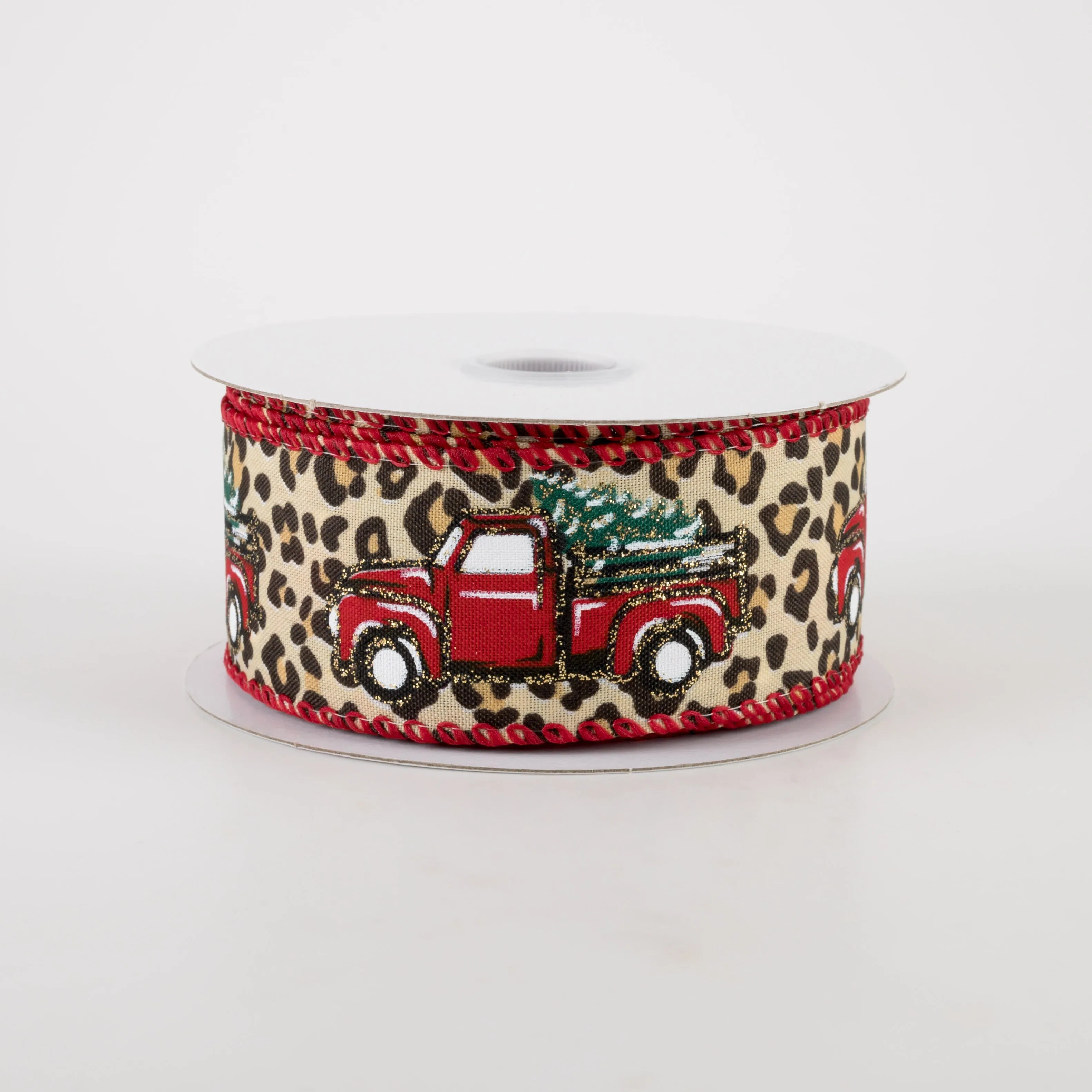 1.5" Cheetah Print Red Christmas Truck Ribbon (10 Yards)