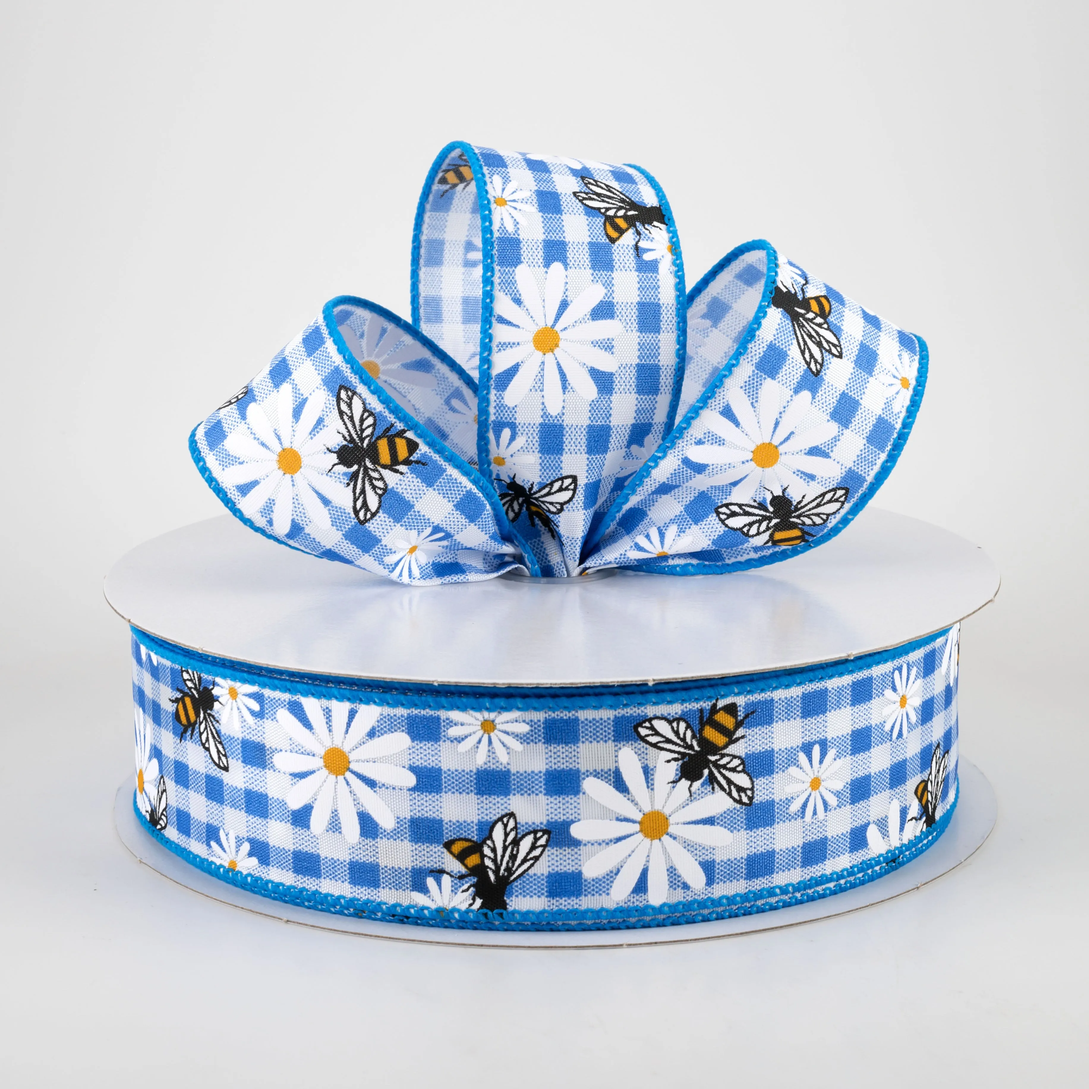 1.5" Daisies & Bees Ribbon: Cobalt Blue Gingham (50 Yards)