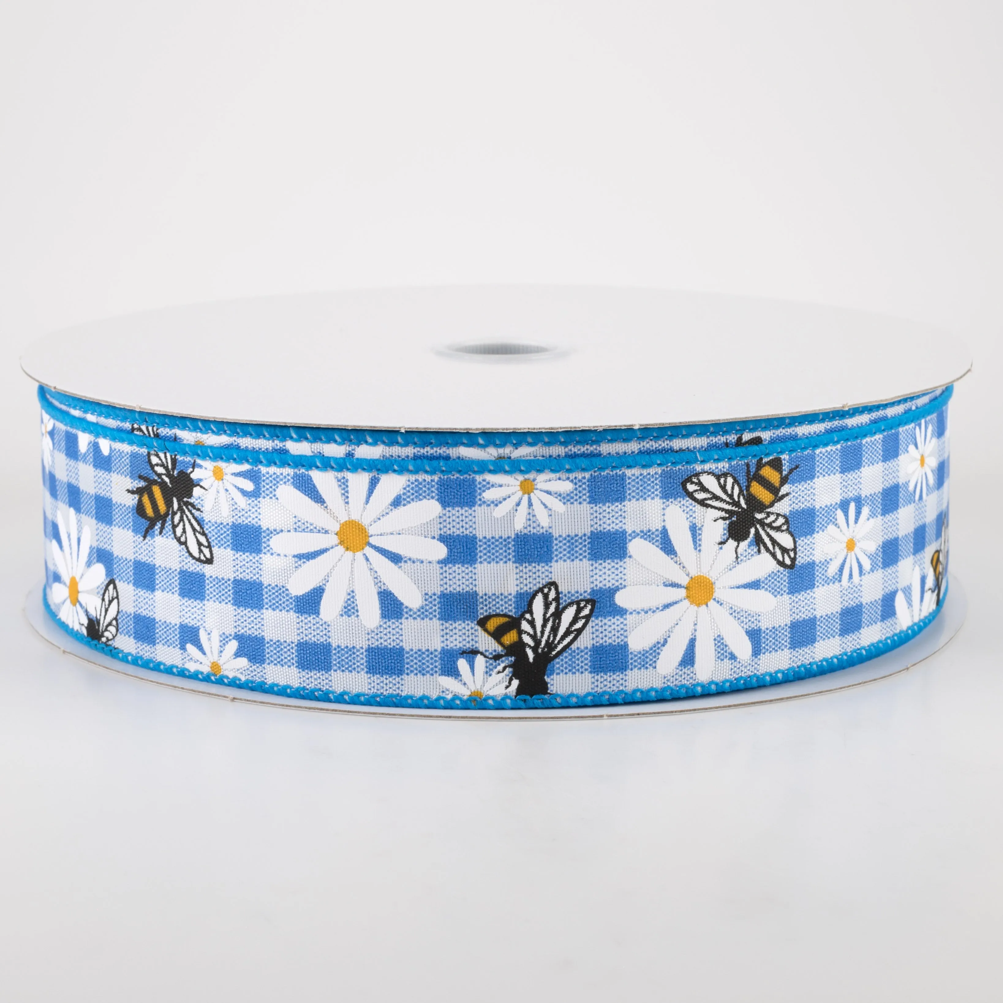 1.5" Daisies & Bees Ribbon: Cobalt Blue Gingham (50 Yards)