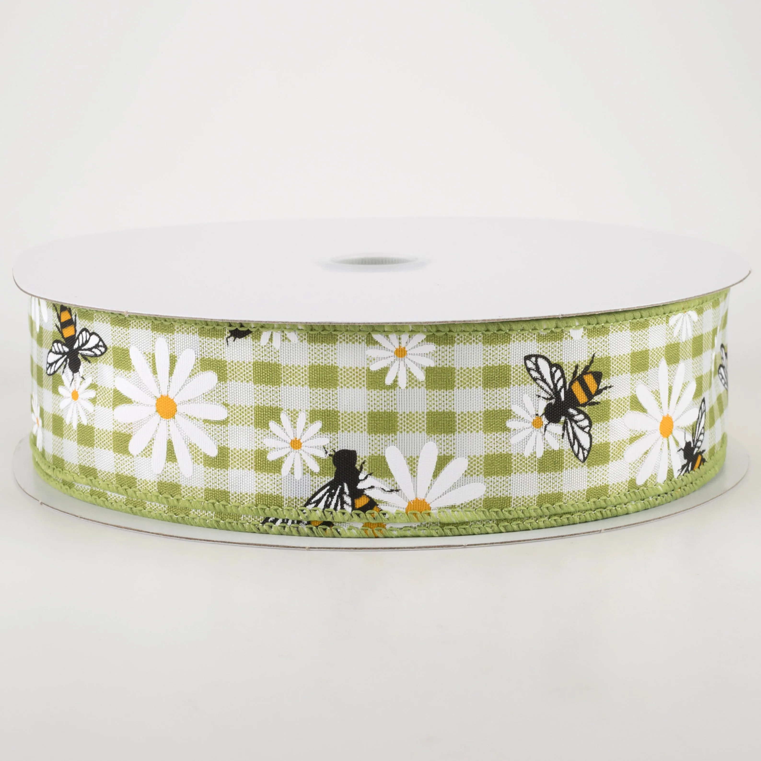 1.5" Daisies & Bees Ribbon: Sage Green Gingham (50 Yards)