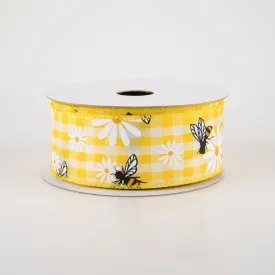 1.5" Daisies & Bees Ribbon: Yellow Gingham (10 Yards)