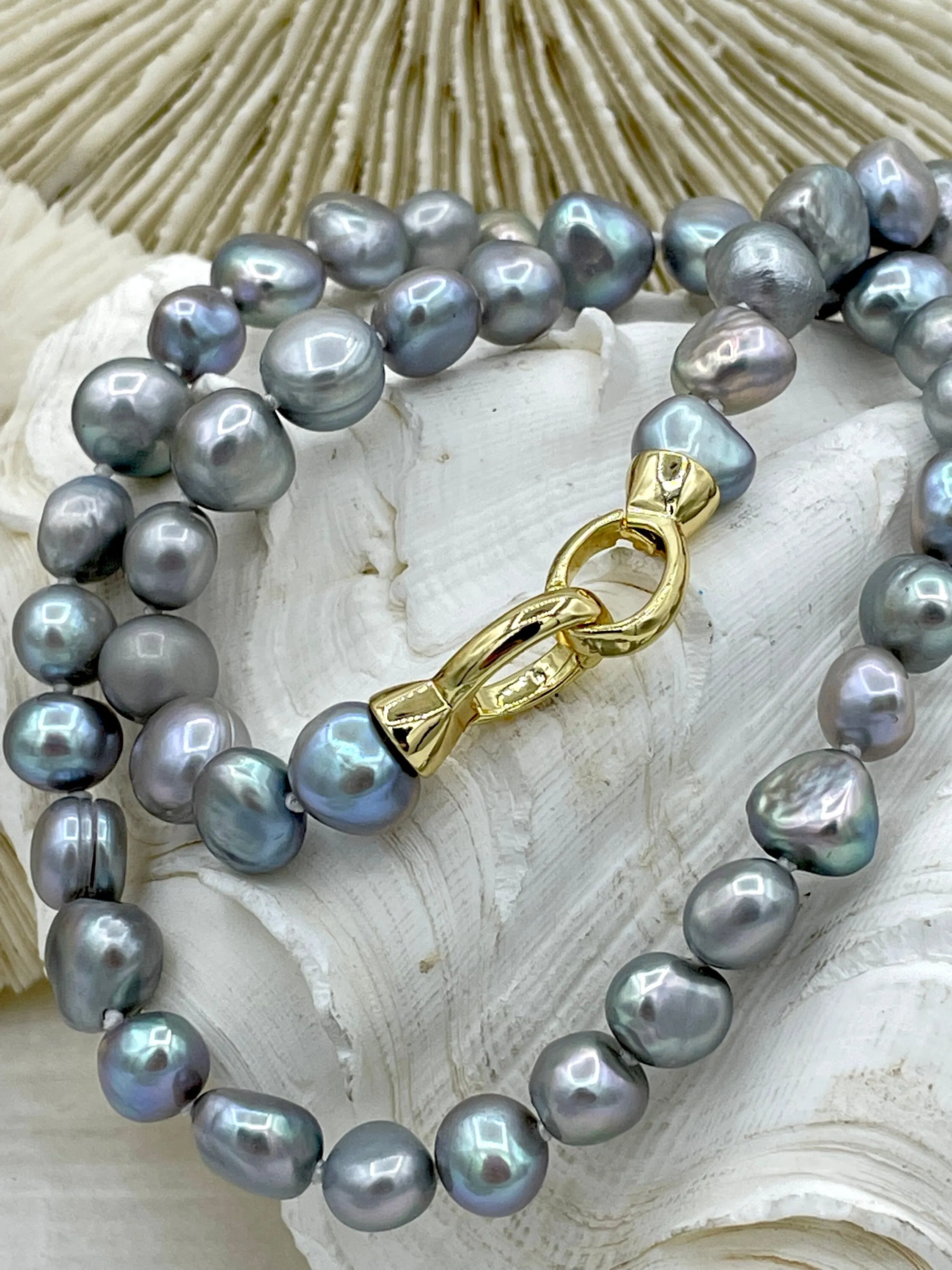 16.5'' AAA 8mm Gray Nugget Natural Freshwater Pearl Necklace, Silver or Gold Double Opening Clasp, Hand Knotted, High Luster Pearl,Fast Ship