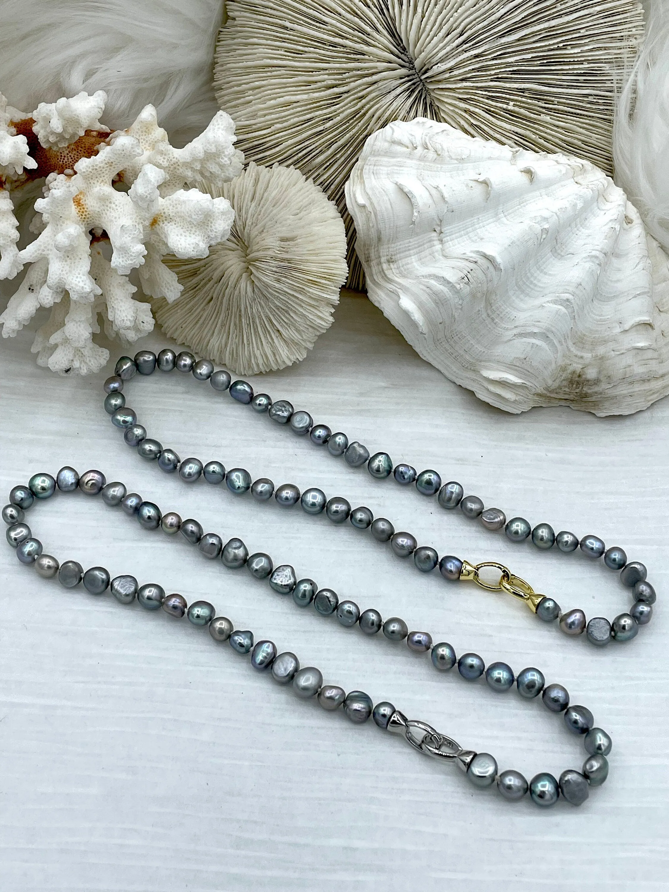 16.5'' AAA 8mm Gray Nugget Natural Freshwater Pearl Necklace, Silver or Gold Double Opening Clasp, Hand Knotted, High Luster Pearl,Fast Ship