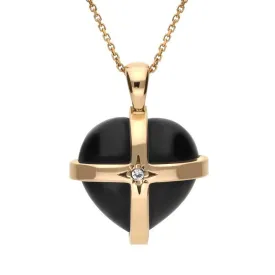 18ct Rose Gold Whitby Jet Diamond Medium Cross Heart Necklace