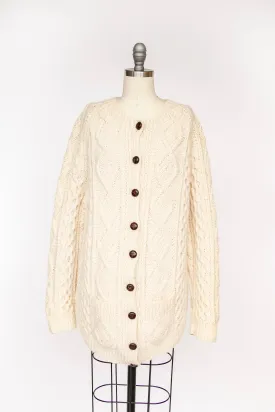 1970s Irish Wool Cardigan Fisherman Sweater Knit L