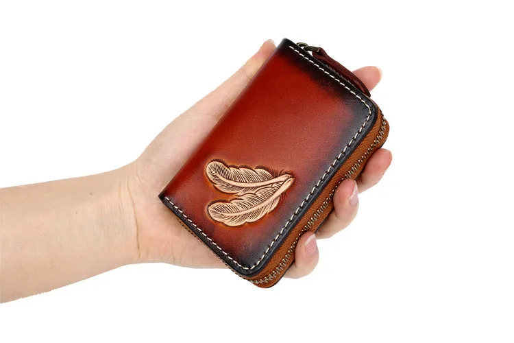 Around Zip Brown Tooled Leather Card Wallet Mens Feather Zipper Card Holder for Men