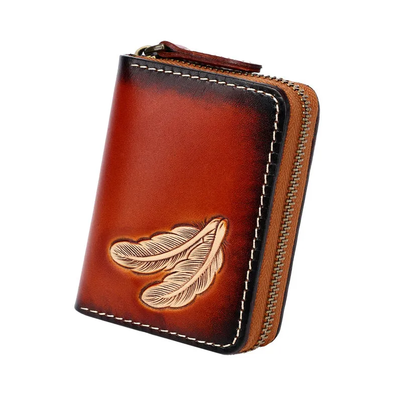 Around Zip Brown Tooled Leather Card Wallet Mens Feather Zipper Card Holder for Men