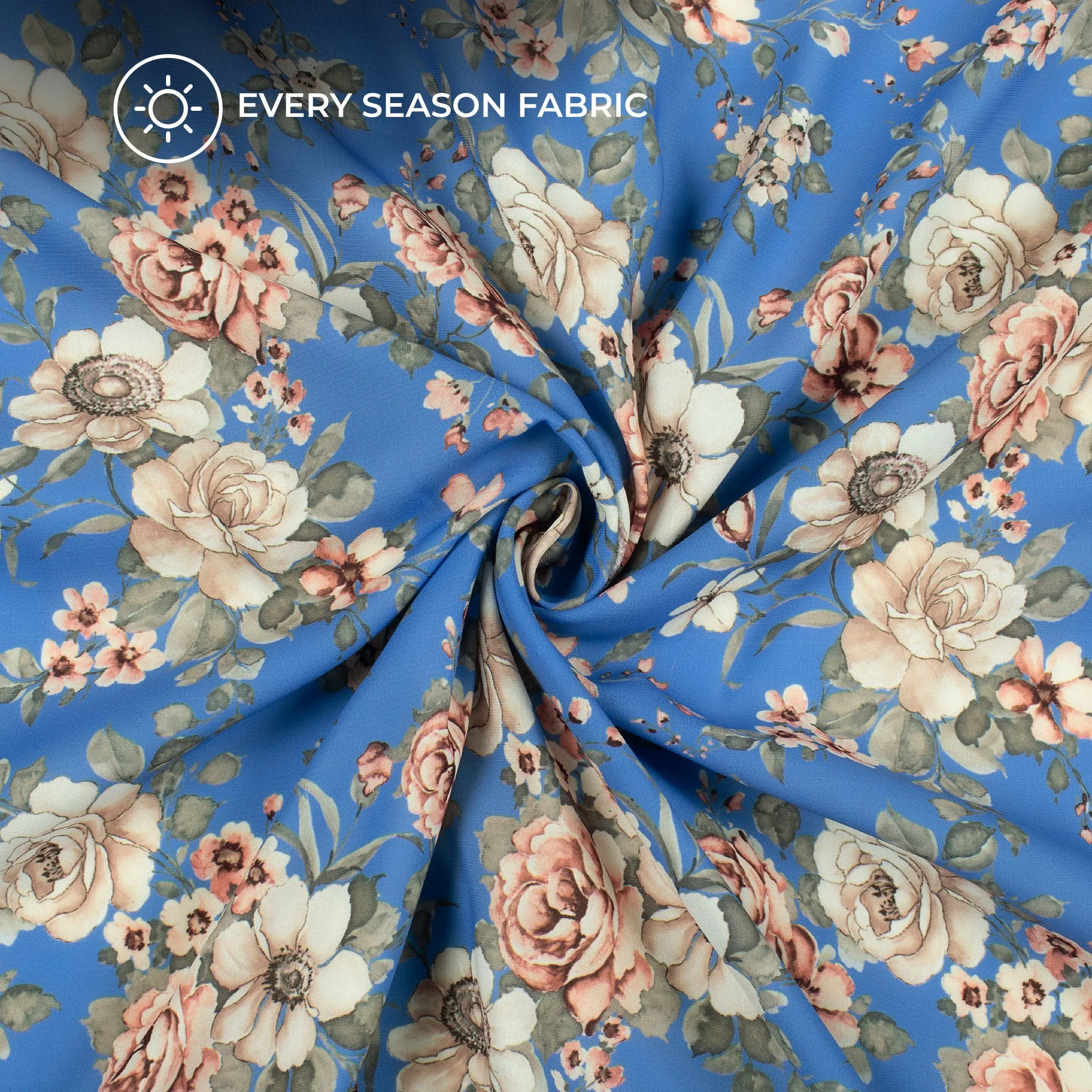 Azure Blue Floral Digital Print BSY Crepe Fabric