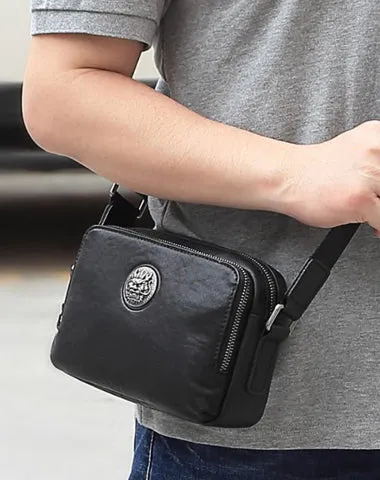 BADASS Black LEATHER MENS Small Ipad Courier Bag SIDE BAG Casual MESSENGER BAG FOR MEN