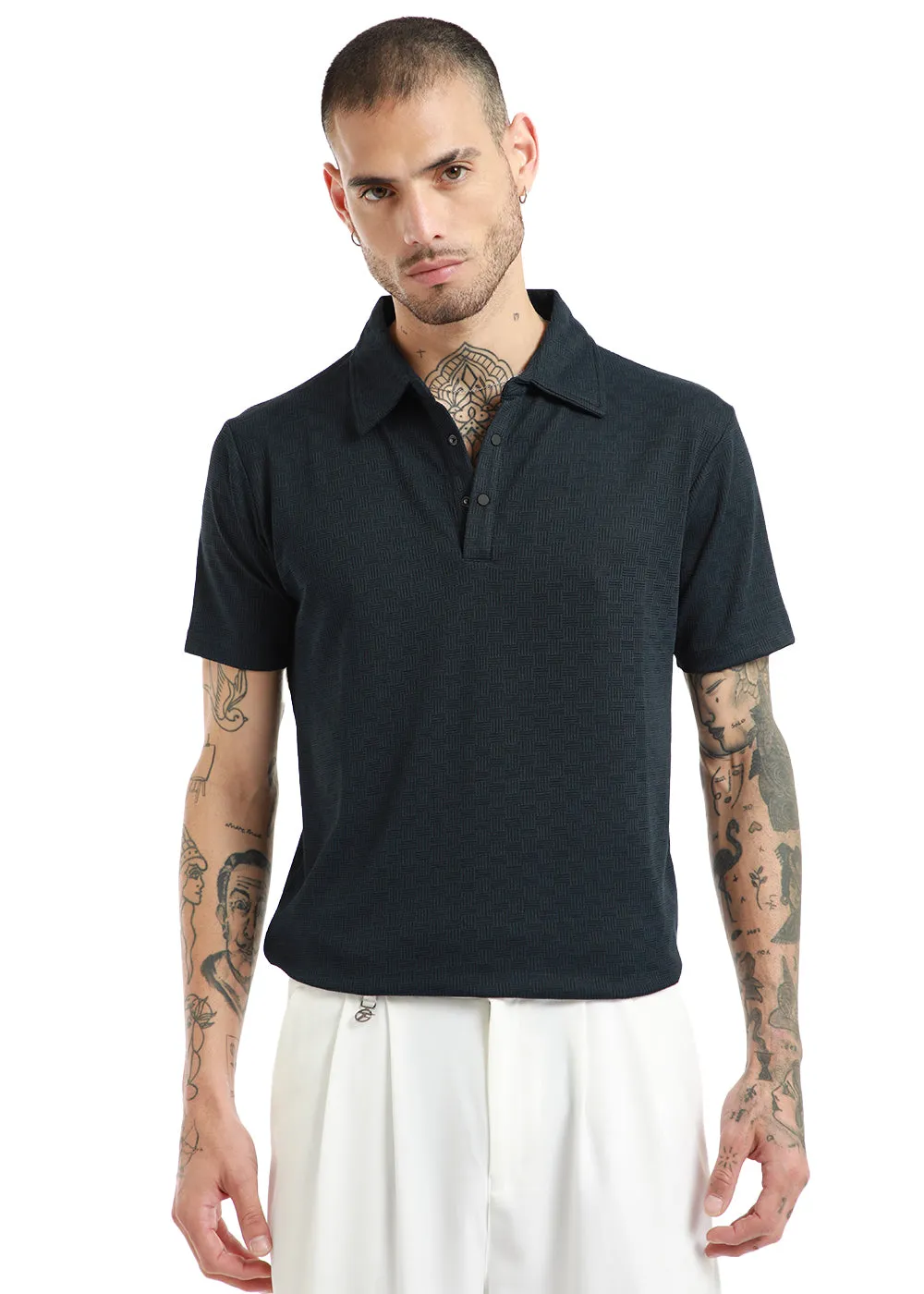 Basket Weave Dark Blue Polo T-shirt