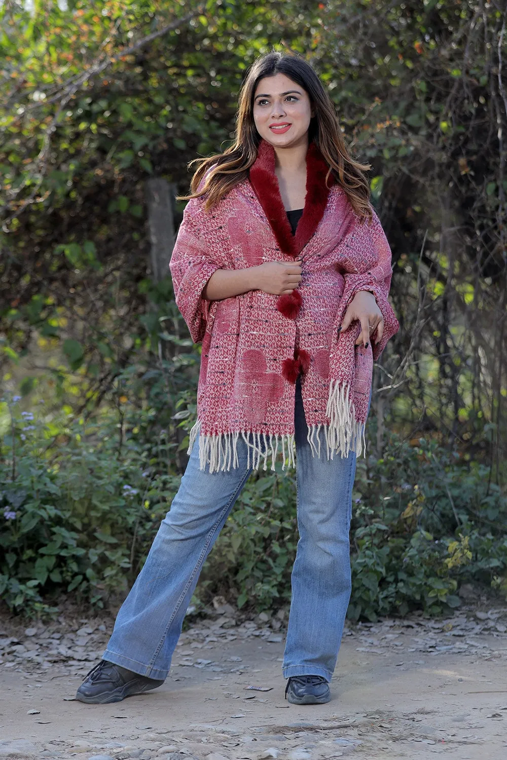 Beautiful Maroon Colour Woollen Cashmere Faux Fur Cape Stole.