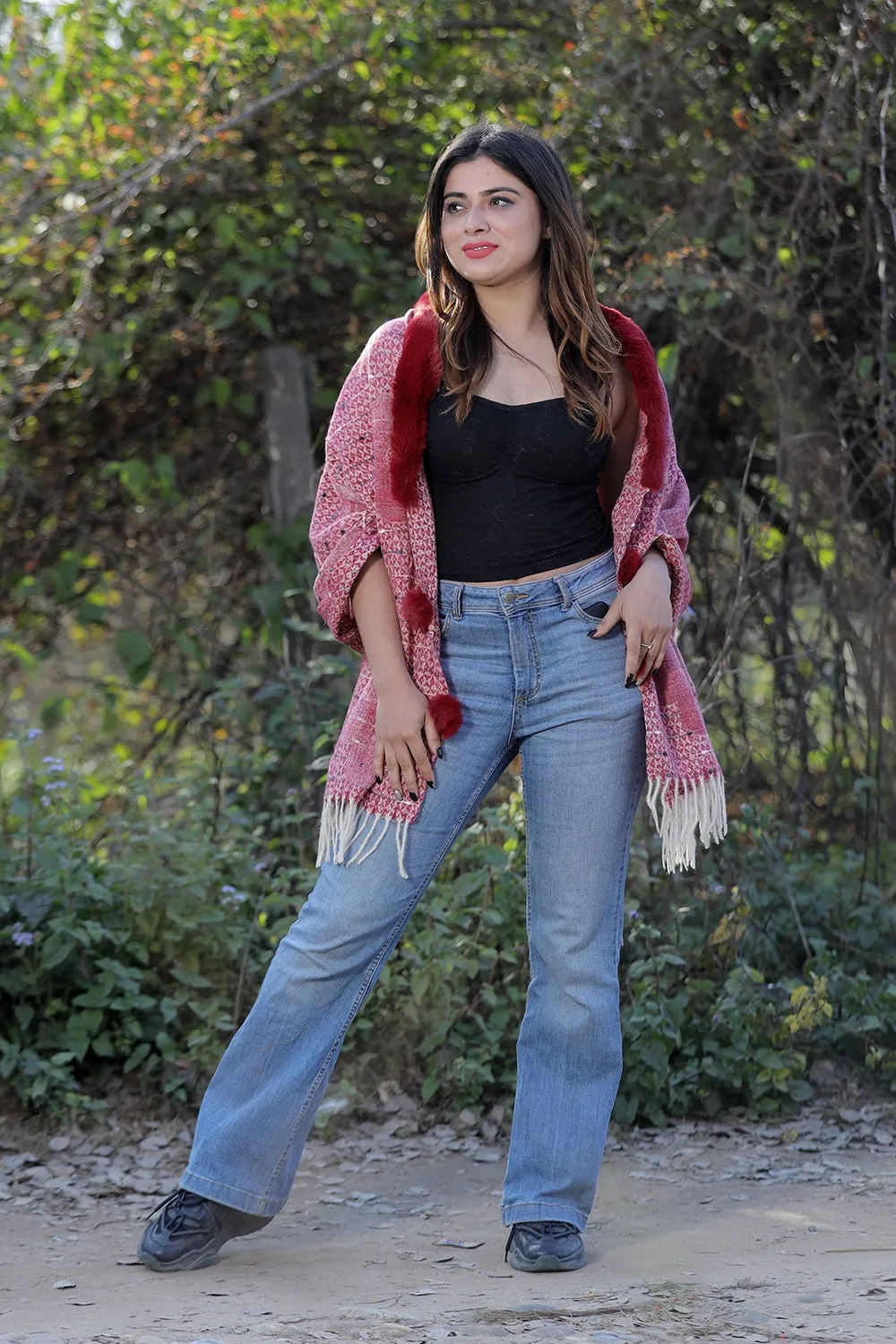 Beautiful Maroon Colour Woollen Cashmere Faux Fur Cape Stole.