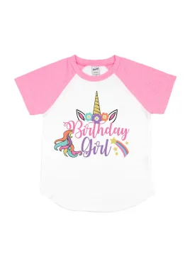 Birthday Girl Unicorn Kids Raglan Shirt - Pink & White