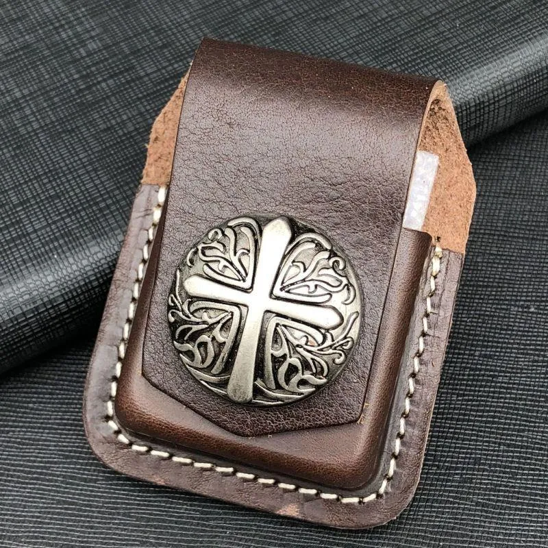 Black Handmade Leather Mens Indian Skull Zippo Lighter Holders Lighter Case For Men