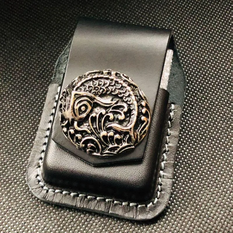 Black Handmade Leather Mens Indian Skull Zippo Lighter Holders Lighter Case For Men