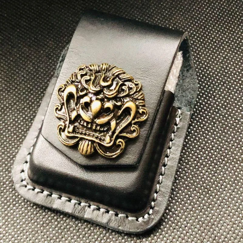 Black Handmade Leather Mens Indian Skull Zippo Lighter Holders Lighter Case For Men