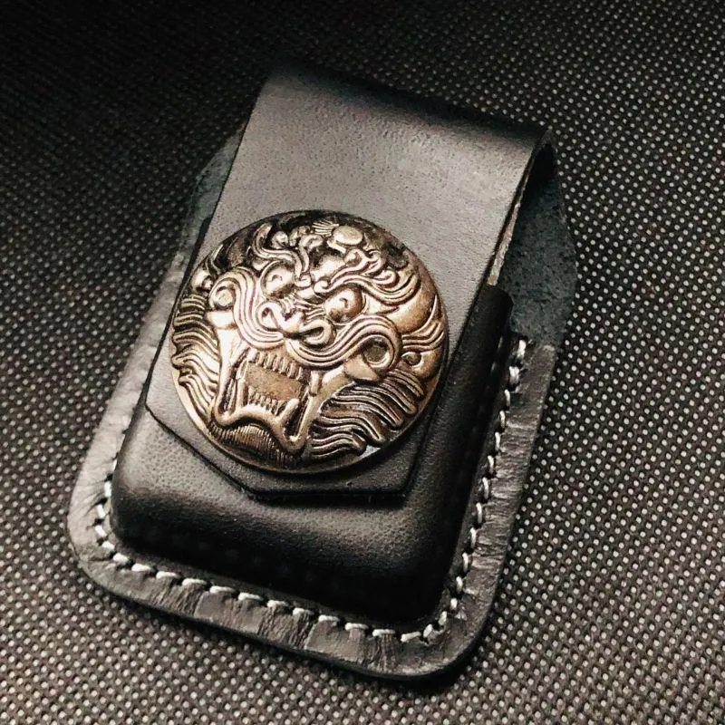 Black Handmade Leather Mens Indian Skull Zippo Lighter Holders Lighter Case For Men