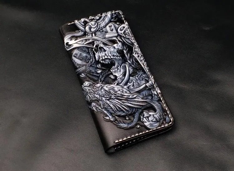 Black Handmade Tooled Japanese Samurai Skull Leather Mens Long Wallet Bifold Long Wallet For Men