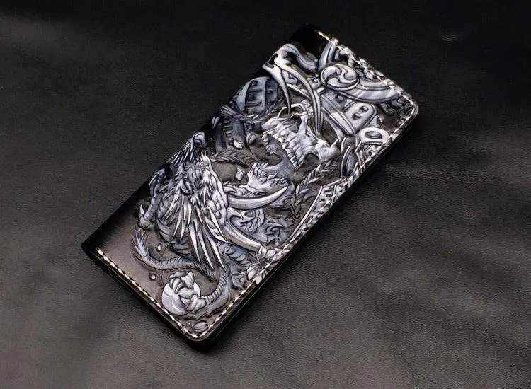 Black Handmade Tooled Japanese Samurai Skull Leather Mens Long Wallet Bifold Long Wallet For Men