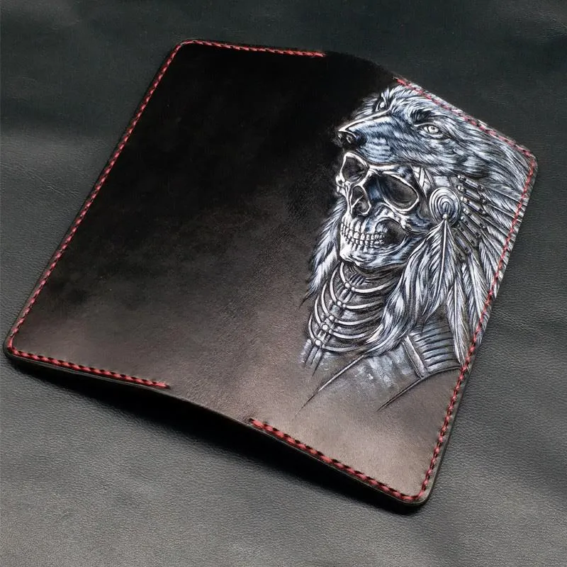 Black Handmade Tooled Japanese Samurai Skull Leather Mens Long Wallet Bifold Long Wallet For Men