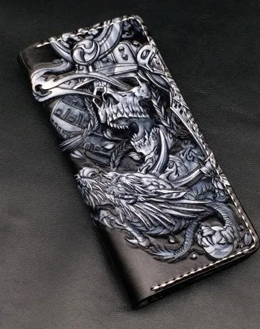 Black Handmade Tooled Japanese Samurai Skull Leather Mens Long Wallet Bifold Long Wallet For Men