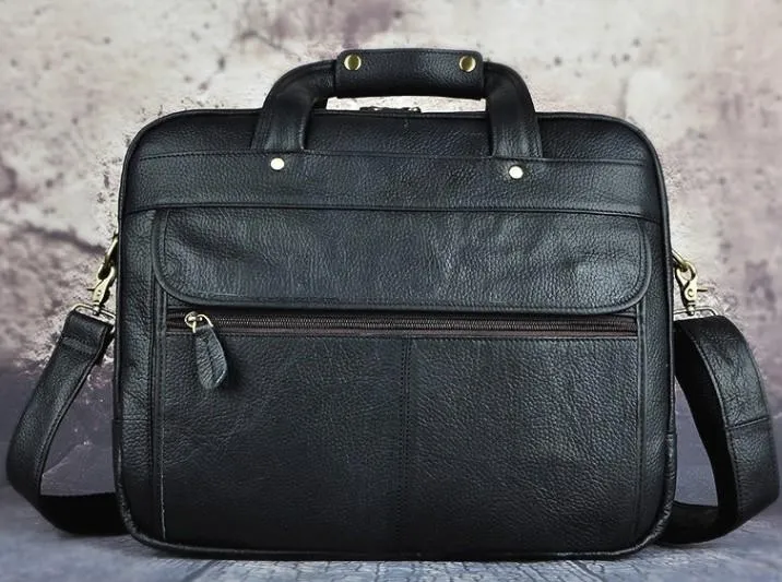 Black Leather Mens Large Briefcase Travel Bag Business Bag Work Bag for Men