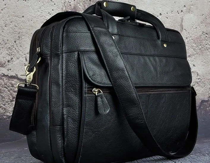 Black Leather Mens Large Briefcase Travel Bag Business Bag Work Bag for Men