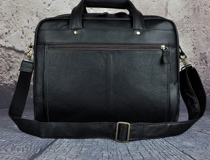 Black Leather Mens Large Briefcase Travel Bag Business Bag Work Bag for Men