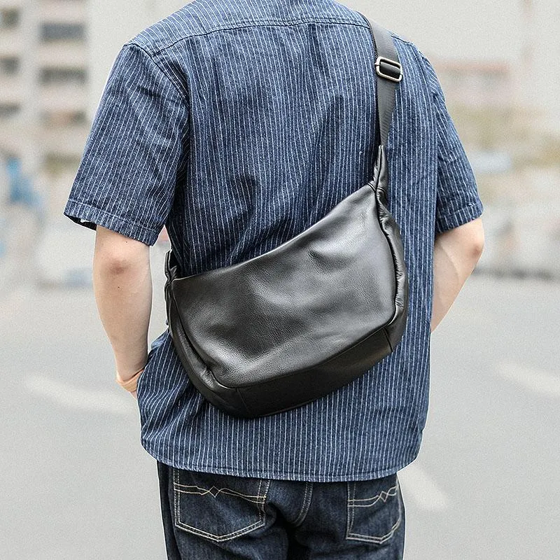 Black Leather Mens Saddle Courier Bag Messenger Bag Black Postman Bag For Men