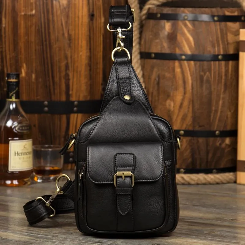 Black Leather Mens Sling Bag Sling Pack Black Cool Crossbody Packs Chest Bags for men