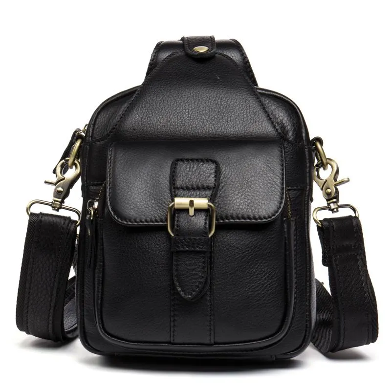 Black Leather Mens Sling Bag Sling Pack Black Cool Crossbody Packs Chest Bags for men