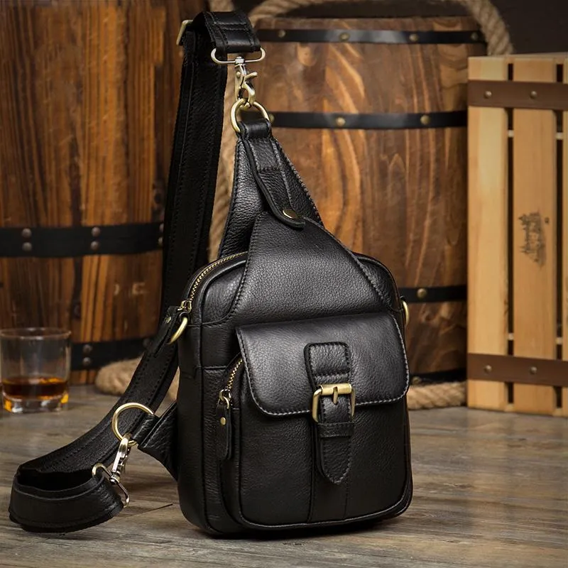 Black Leather Mens Sling Bag Sling Pack Black Cool Crossbody Packs Chest Bags for men