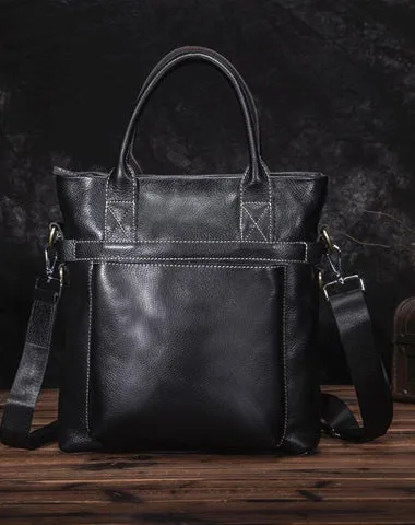 Black Leather Mens Vertical Work Bag Handbag Vertical Black Small Briefcase Shoulder Bag For Men