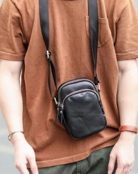 Black Vintage Leather Mens Small MIni Postman Shoulder Bag Phone Messenger Bag For Men