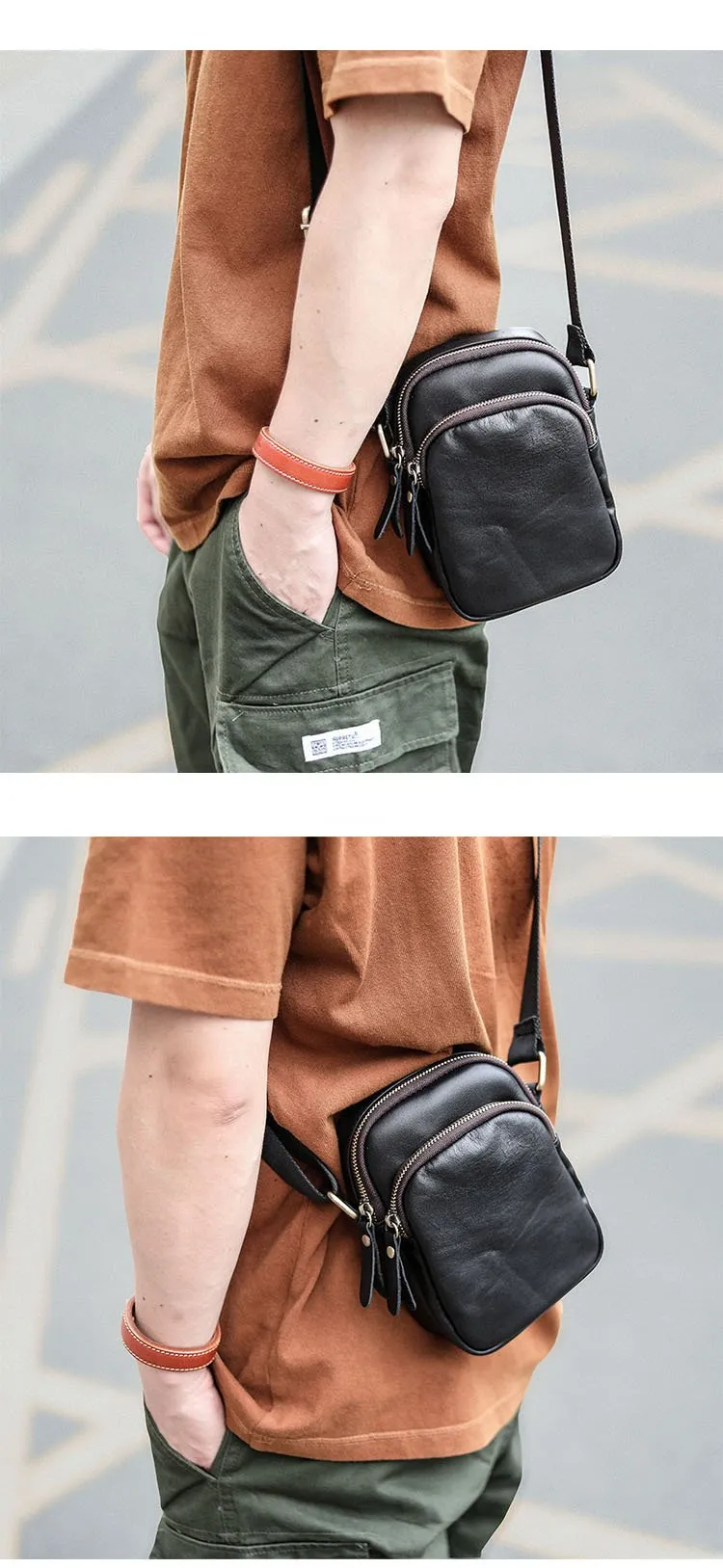 Black Vintage Leather Mens Small MIni Postman Shoulder Bag Phone Messenger Bag For Men