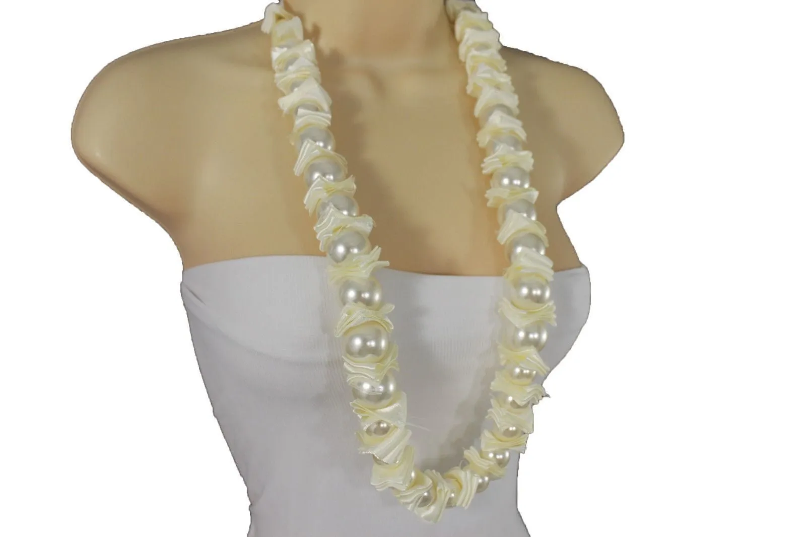 Cream Dark Gray Fabric Big Imitation Pearl Bead Classic Long Necklace