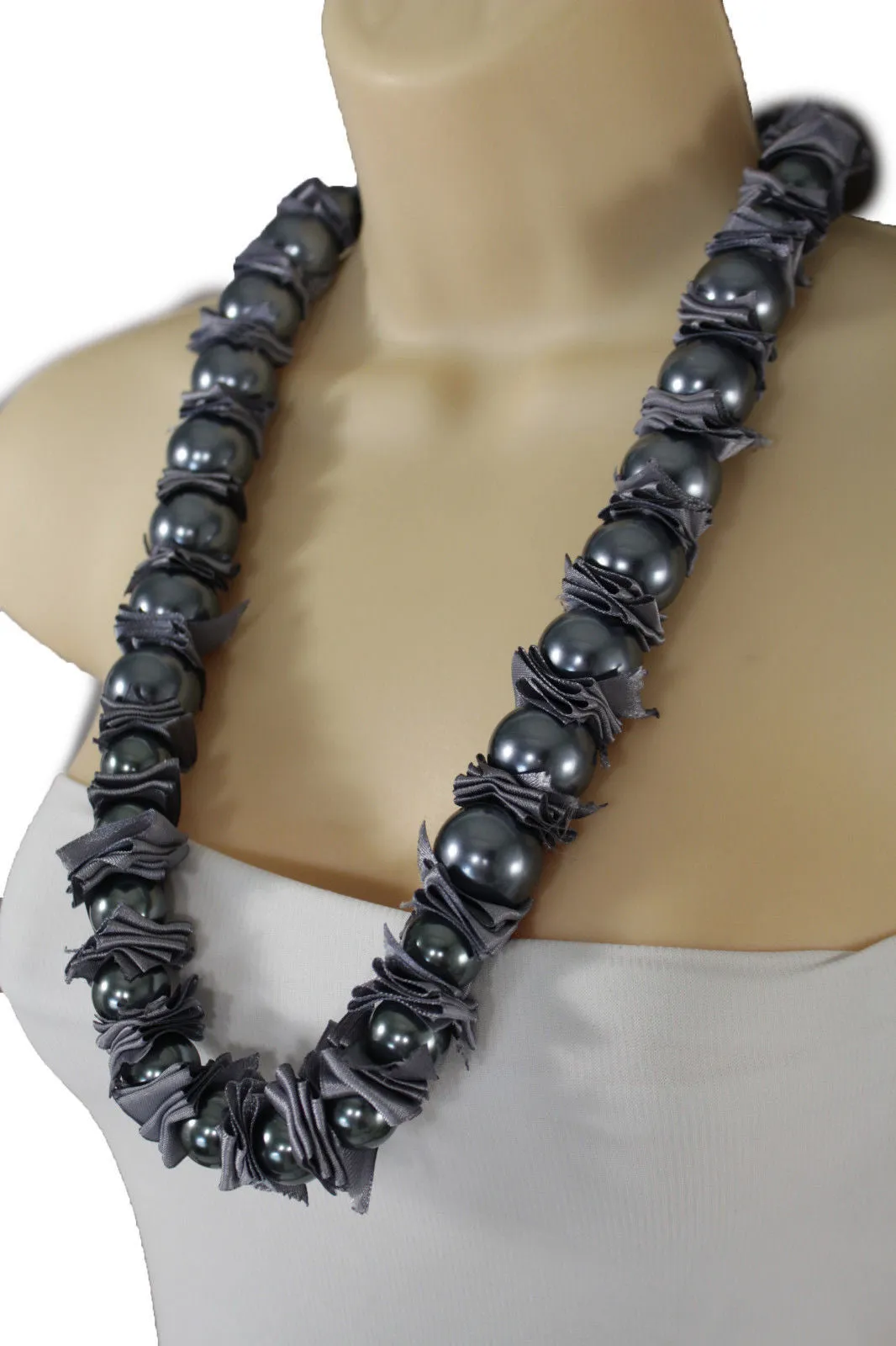 Cream Dark Gray Fabric Big Imitation Pearl Bead Classic Long Necklace