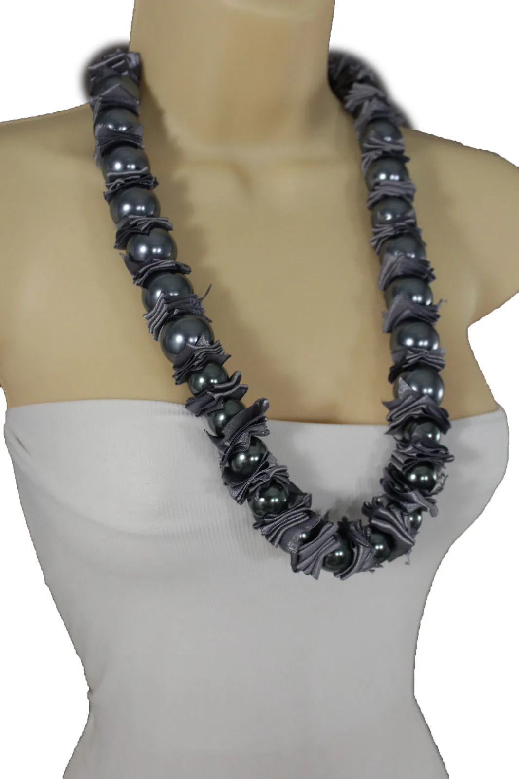 Cream Dark Gray Fabric Big Imitation Pearl Bead Classic Long Necklace