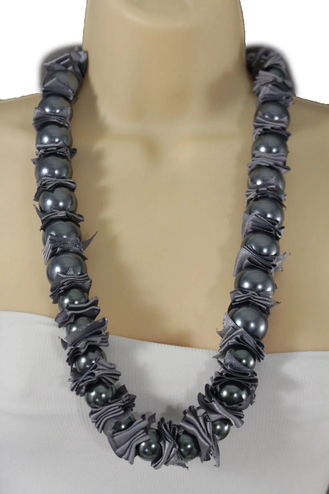 Cream Dark Gray Fabric Big Imitation Pearl Bead Classic Long Necklace