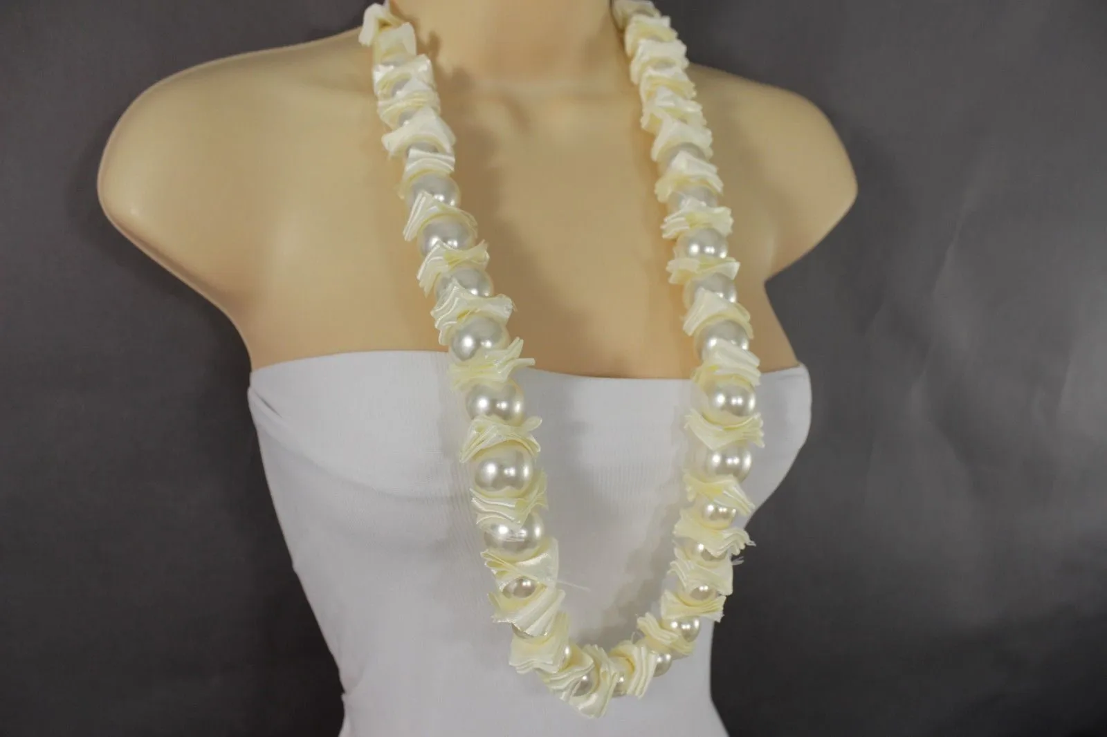 Cream Dark Gray Fabric Big Imitation Pearl Bead Classic Long Necklace