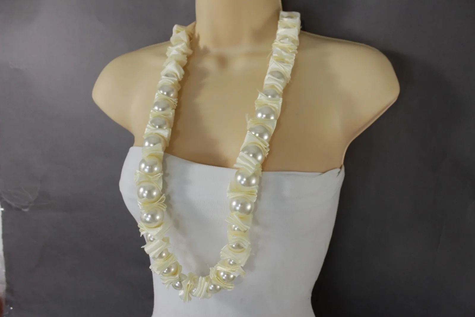 Cream Dark Gray Fabric Big Imitation Pearl Bead Classic Long Necklace