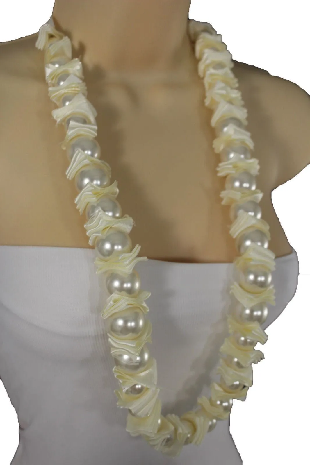 Cream Dark Gray Fabric Big Imitation Pearl Bead Classic Long Necklace