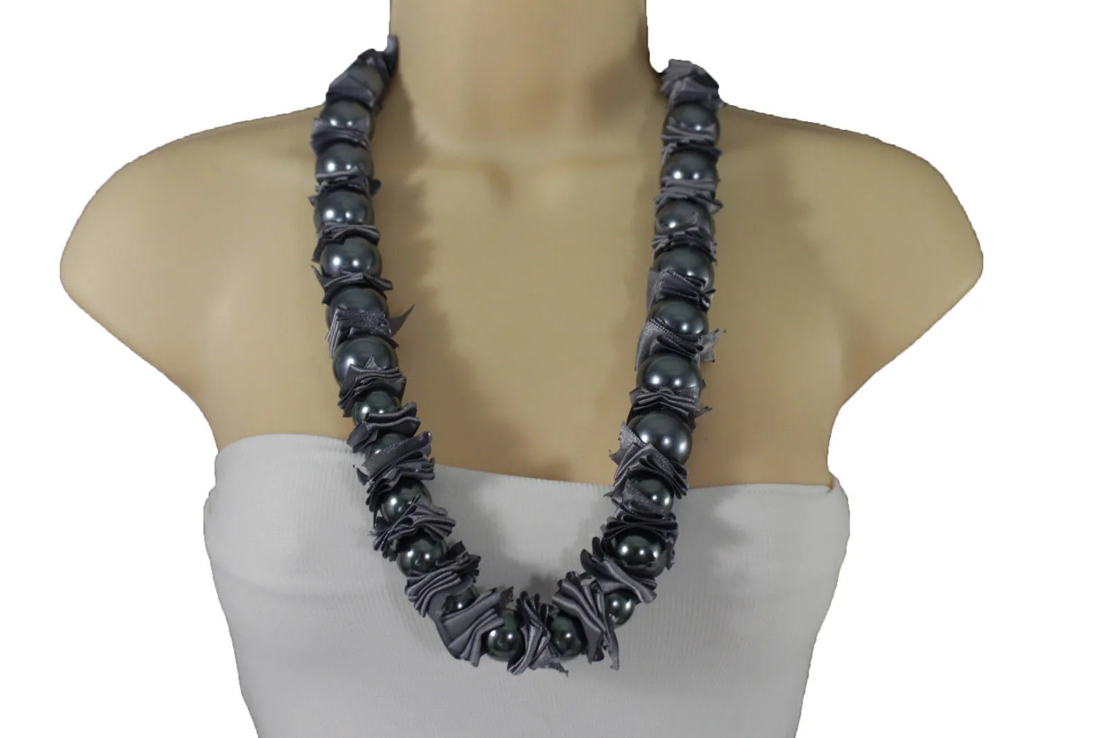 Cream Dark Gray Fabric Big Imitation Pearl Bead Classic Long Necklace