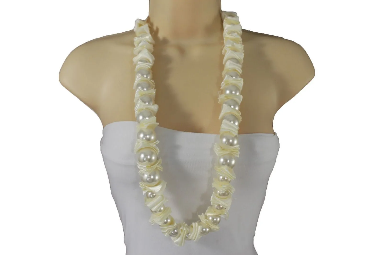 Cream Dark Gray Fabric Big Imitation Pearl Bead Classic Long Necklace