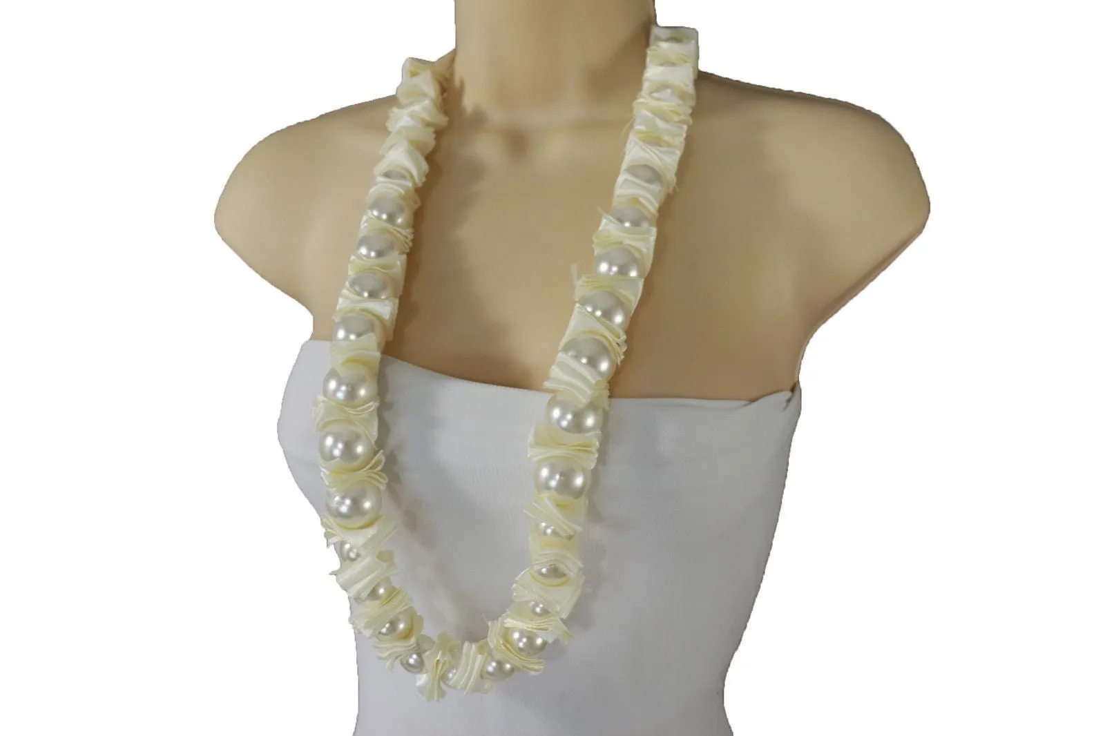 Cream Dark Gray Fabric Big Imitation Pearl Bead Classic Long Necklace