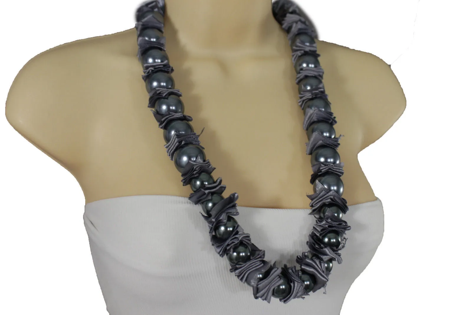 Cream Dark Gray Fabric Big Imitation Pearl Bead Classic Long Necklace