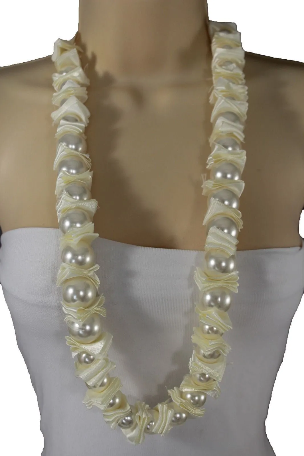 Cream Dark Gray Fabric Big Imitation Pearl Bead Classic Long Necklace