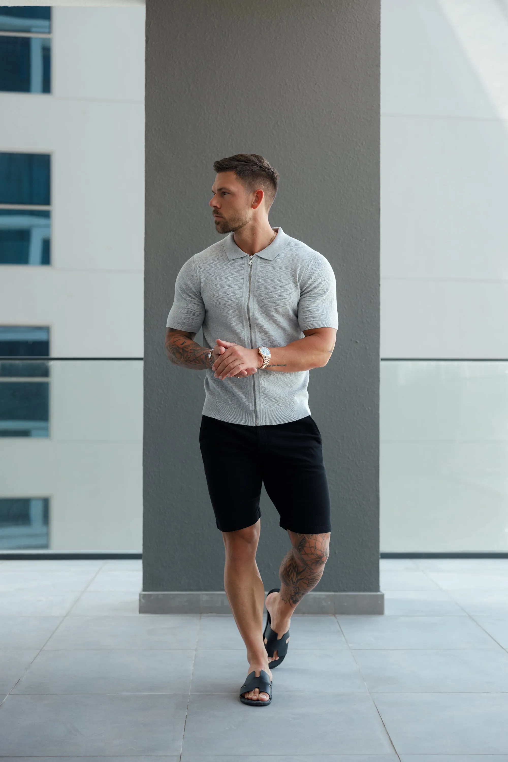 Father Sons Classic Knitted Textured Design With Full Length Zip Light Grey Short Sleeve - FSN154