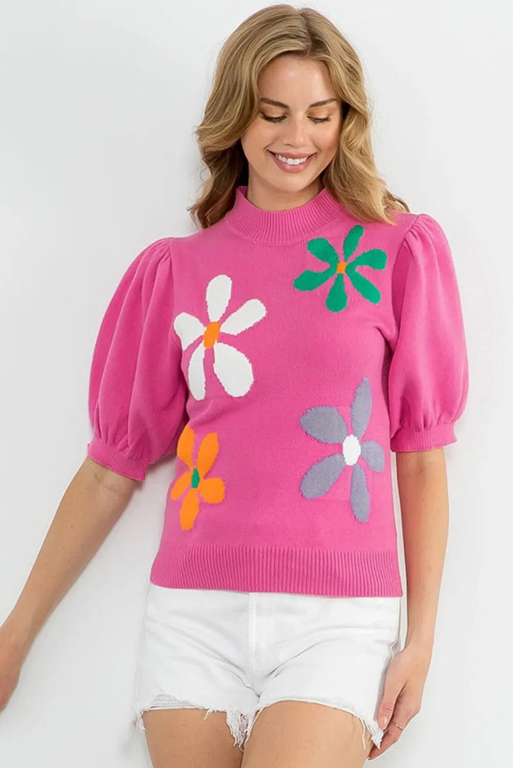 Floral Bubble Short Sleeve Sweater